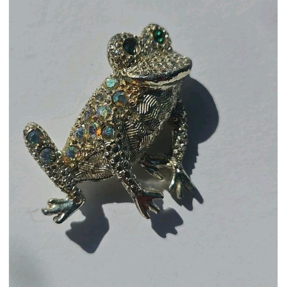 Vtg 3D Gold Tone FROG Brooch Aurora Borealis Rhinestones Green Eyes